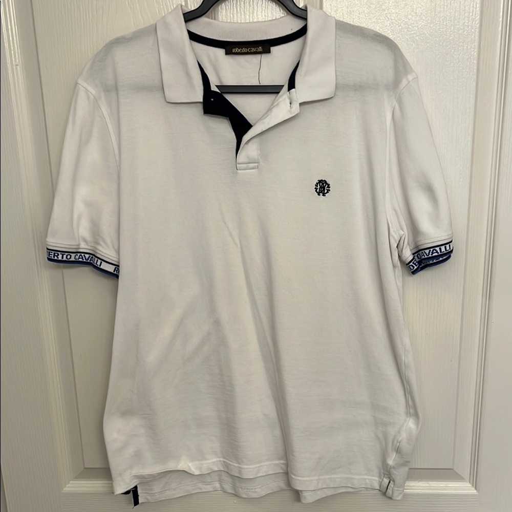 Roberto Cavalli White Polo Shirt with Navy Trim